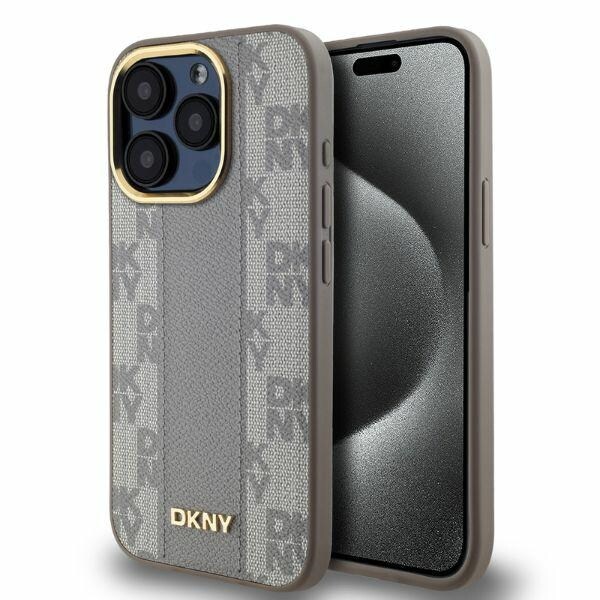 DKNY Læder Ternet Mono Mønster MagSafe iPhone 15 Pro Etui - Beige