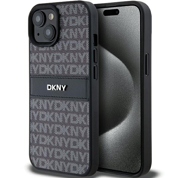 DKNY læderetui med monostribe og metallogo til iPhone 15 Plus / 14 Plus - Sort