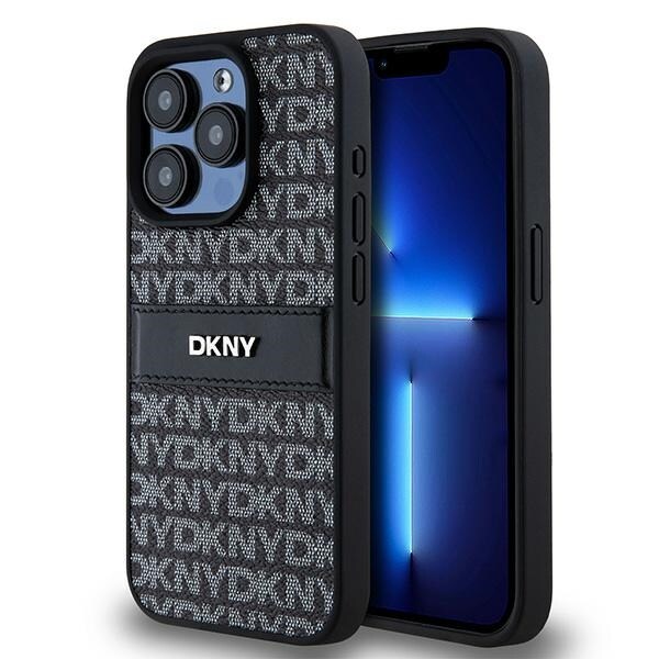 DKNY læderetui med monostribe og metallogo til iPhone 15 Pro - sort