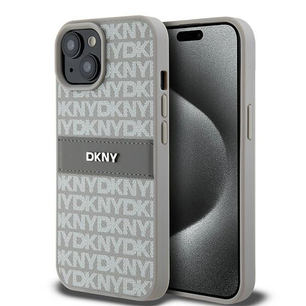 DKNY læderetui med monostribe og metallogo til iPhone 15 / 14 / 13 - beige