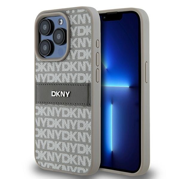 DKNY læderetui med monostribe og metallogo til iPhone 15 Pro - beige