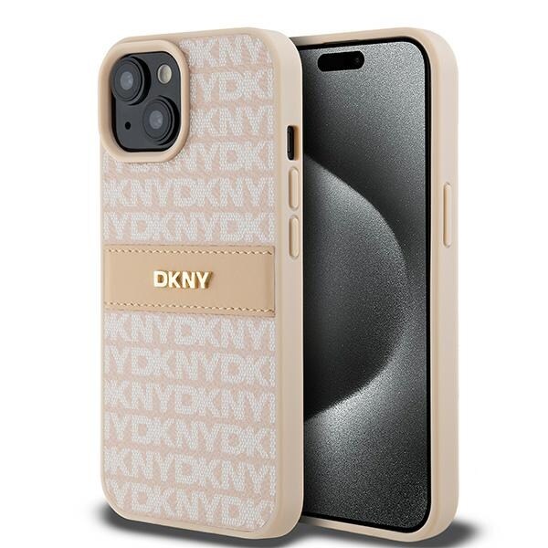 DKNY læderetui med monostribe og metallogo til iPhone 15 / 14 / 13 - pink