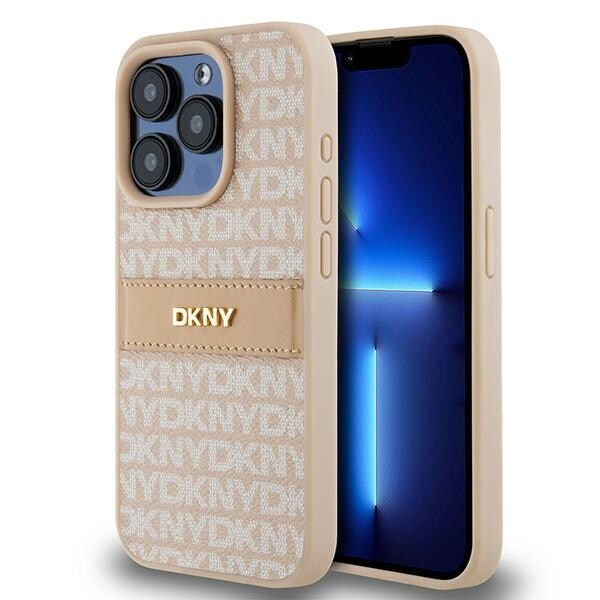 DKNY læderetui med monostribe og metallogo til iPhone 15 Pro - pink