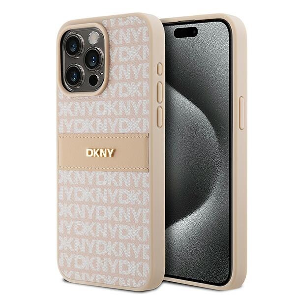 DKNY læderetui med monostribe og metallogo til iPhone 15 Pro Max - pink