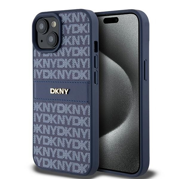 DKNY læderetui med monostribe og metallogo til iPhone 15 / 14 / 13 - blå