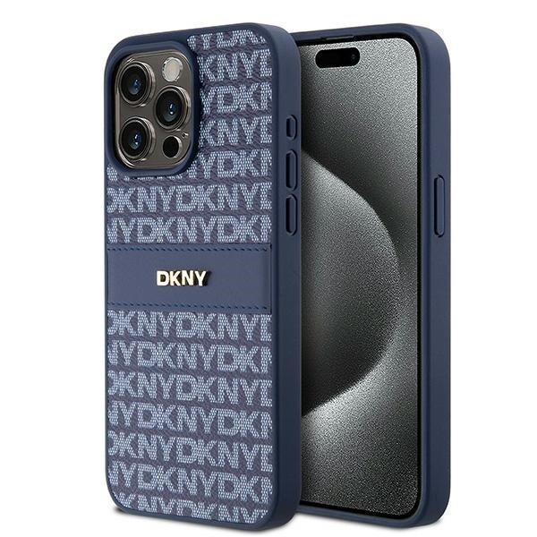 DKNY læderetui med monostribe og metallogo til iPhone 15 Pro Max - blå