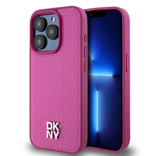 DKNY Læder Monogram Mønster Metal Logo MagSafe Etui til iPhone 15 Pro - Pink