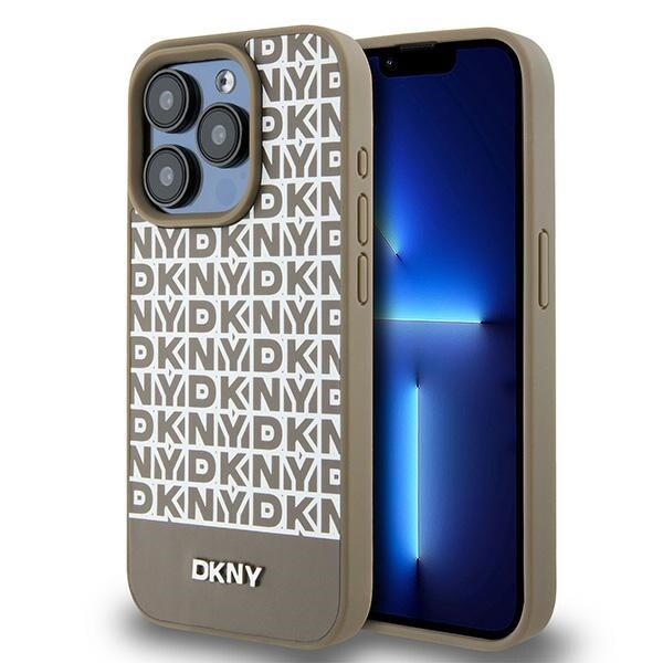 DKNY MagSafe-etui i læder med trykt mønster og metallogo til iPhone 15 Pro - Brun