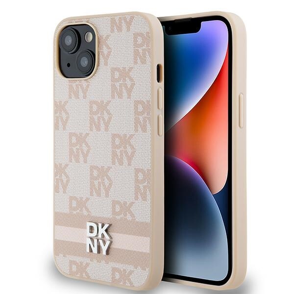 DKNY ternet læderetui med ensfarvet mønster og trykte striber til iPhone 15 Plus / 14 Plus - Pink