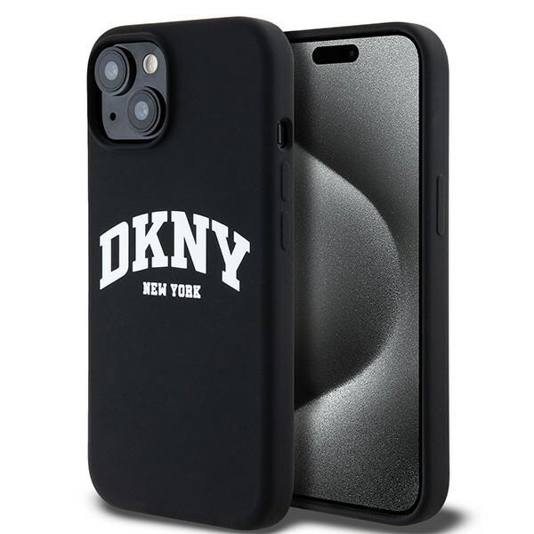 DKNY Liquid Silicone White Printed Logo MagSafe-etui til iPhone 15 / 14 / 13 - Sort
