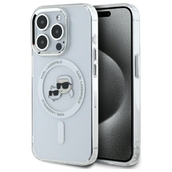 Karl Lagerfeld IML Metal Karl&Choupette Head MagSafe-etui til iPhone 15 Pro Max - Hvid
