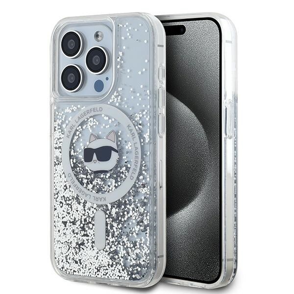 Karl Lagerfeld Liquid Glitter Choupette Head MagSafe-etui til iPhone 15 Pro - gennemsigtig