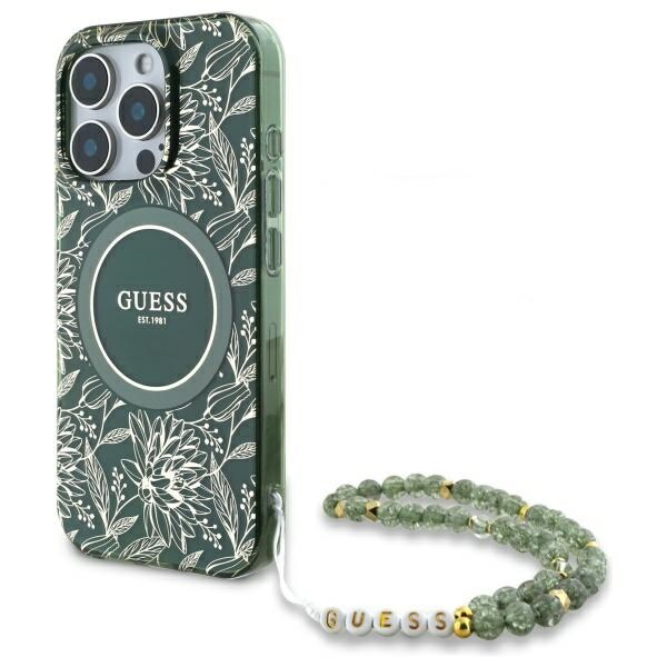 Guess IML Flowers Allover Electro With Pearl Strap MagSafe-etui til iPhone 16 Pro Max - grøn