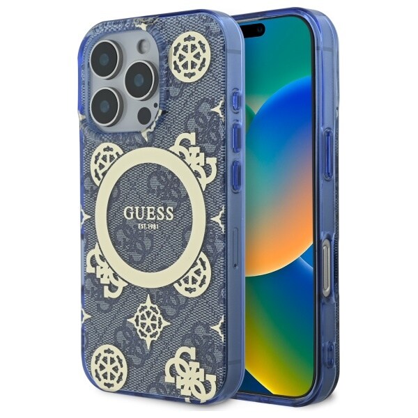 Guess GUHMP16XH4PYEEB iPhone 16 Pro Max 6,9" blå/blå hardcase IML Peony på 4G-baggrund MagSafe