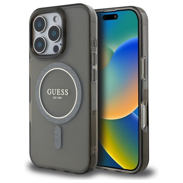 Guess IML Glitter Circle MagSafe-etui til iPhone 16 Pro Max - sort