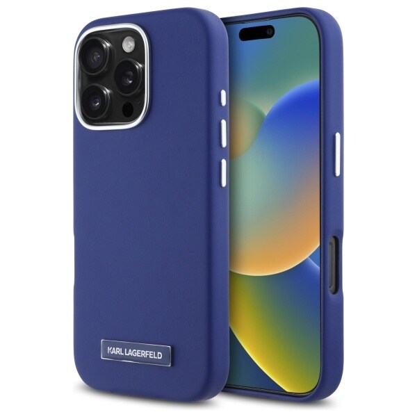 Karl Lagerfeld FW metalplade MagSafe iPhone 16 Pro-etui - blå