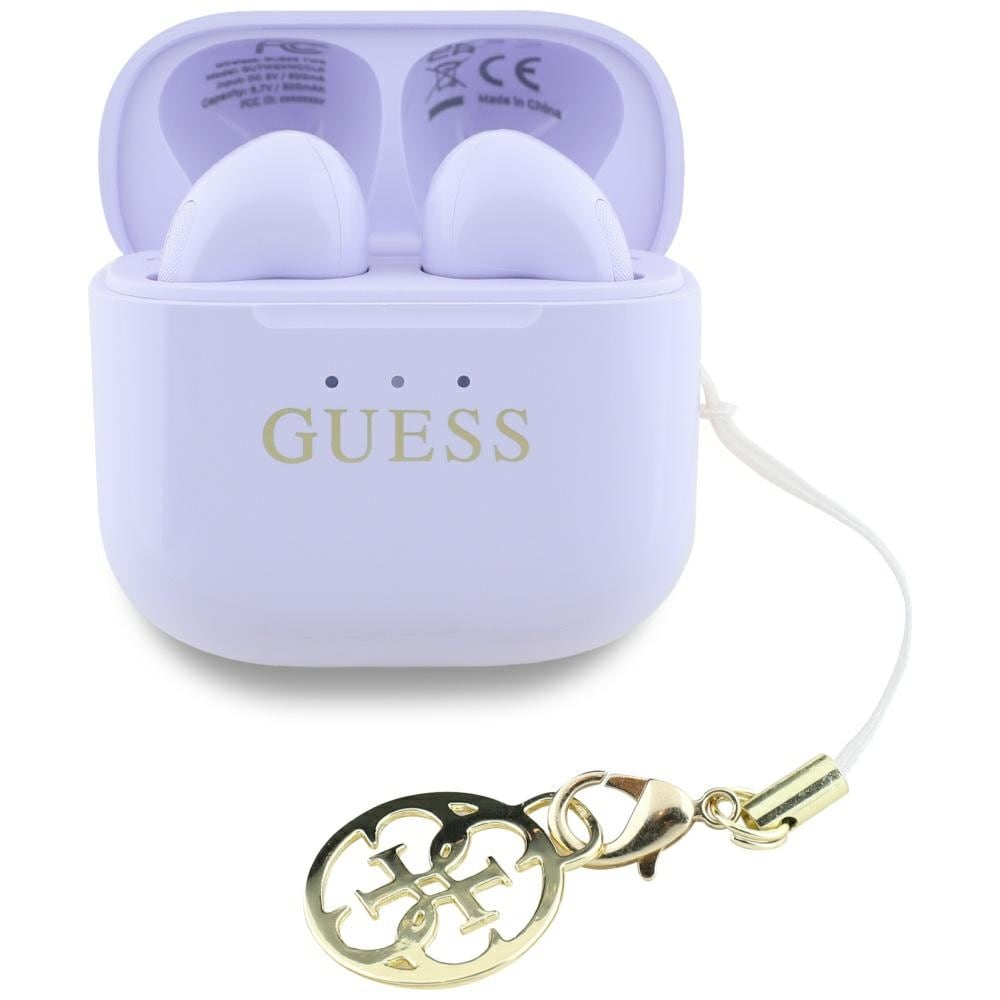 TWS Guess Glossy Effect Printed Classic Logo & Charm-hovedtelefoner - Lavendel
