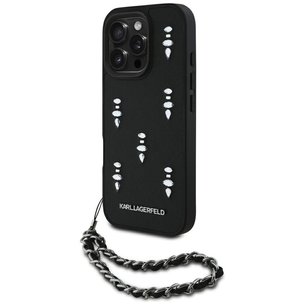 Karl Lagerfeld Saffiano Crystals w/Chain iPhone 16 Pro taske - Sort