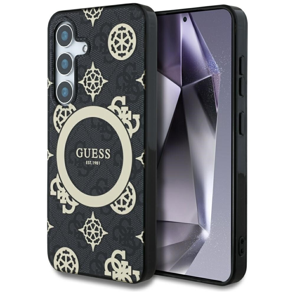 Guess 4G Background Gold Electroplated Peony Pattern MagSafe-etui til Samsung Galaxy S25 sort