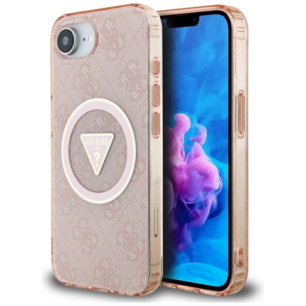 Guess IML Metal Glitter 4G Circle Triangle MagSafe-etui til iPhone 16e - pink