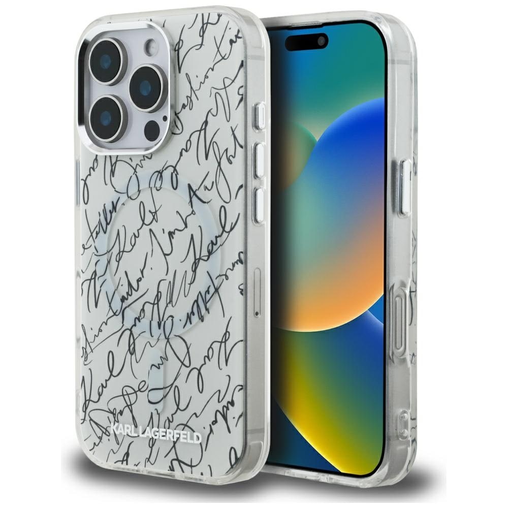 Karl Lagerfeld IML Karl Script Pattern MagSafe-etui til iPhone 16 Pro - Hvid