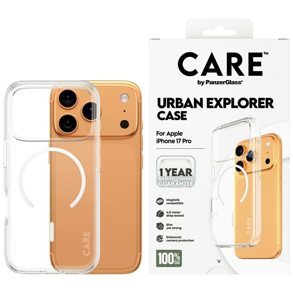 CARE by PanzerGlass Flagship Urban Explorer-etui m. hvid MagSafe til iPhone 17 Pro - gennemsigtig