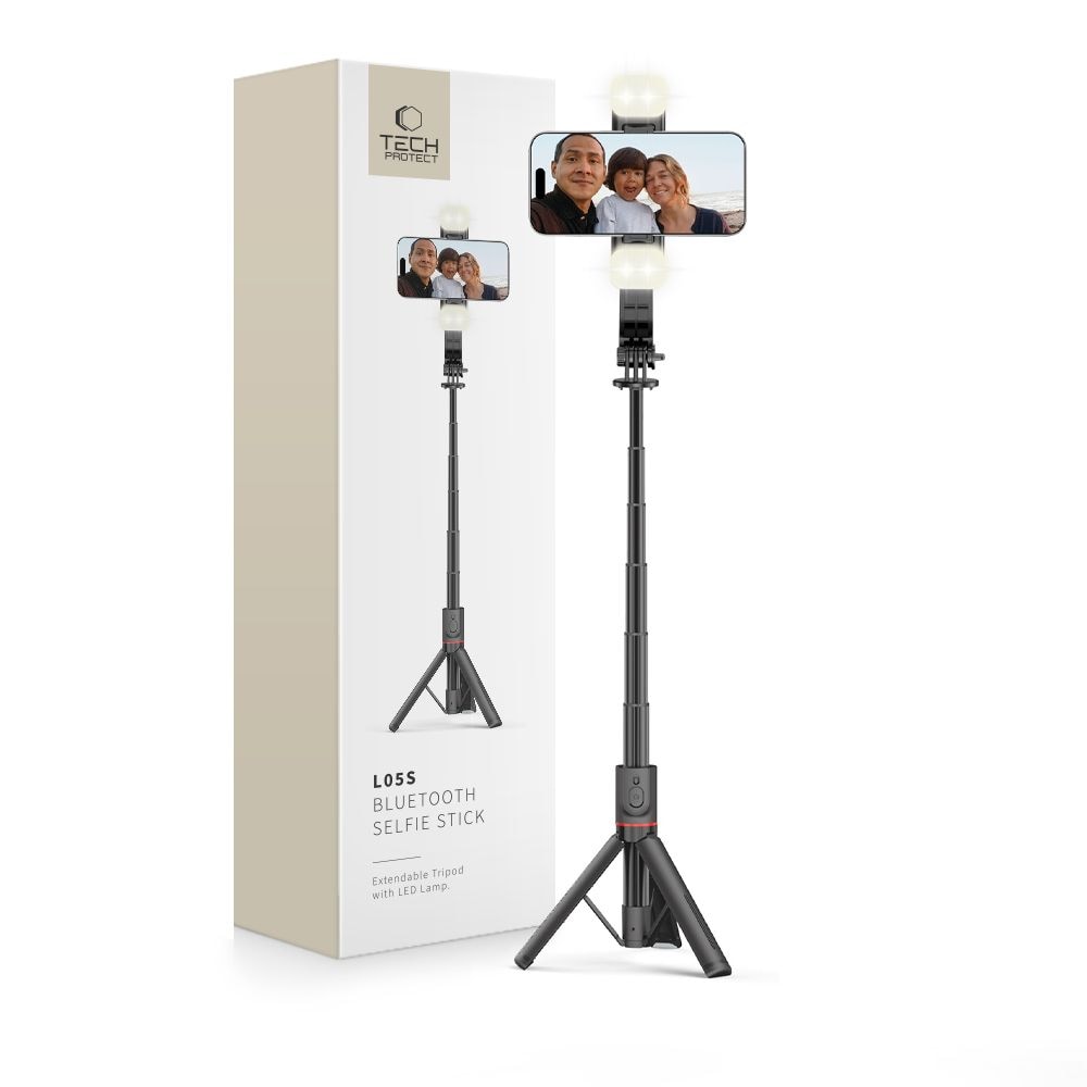 Tech-Protect L05S Bluetooth Selfie Stick med stativ op til 105 cm med LED-lys - Sort