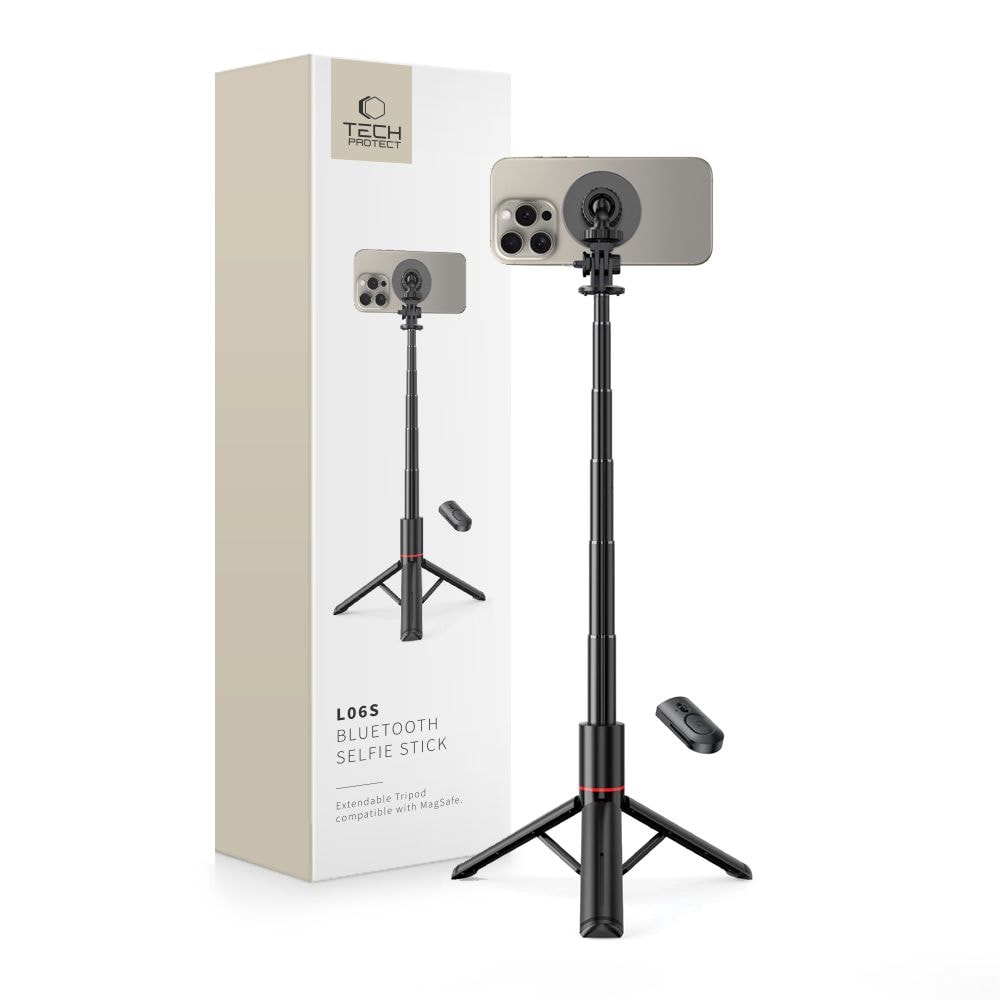 Tech-Protect L06S Bluetooth selfie-stang med MagSafe, fjernbetjening, op til 82 cm - sort
