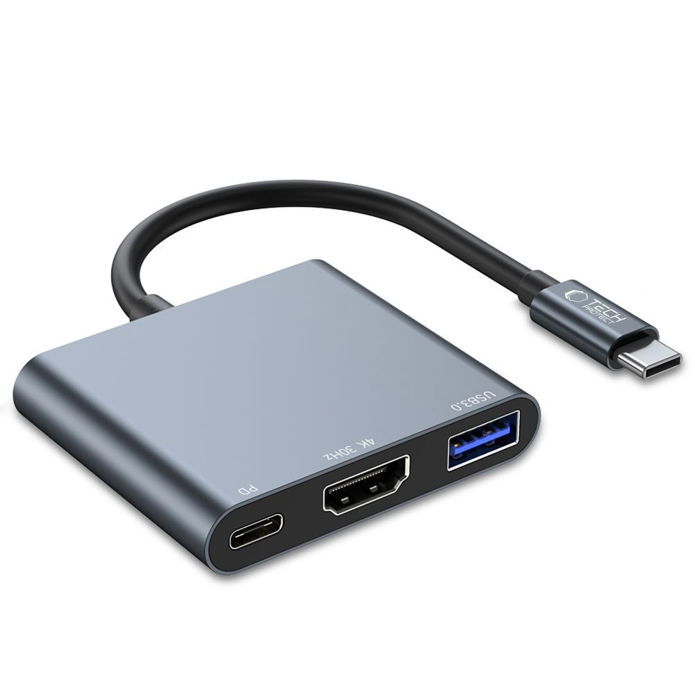 HUB Tech-Protect V1 3in1 USB-C - USB-A 3.0 / USB-C PD 100W / HDMI 4K 30Hz - grå
