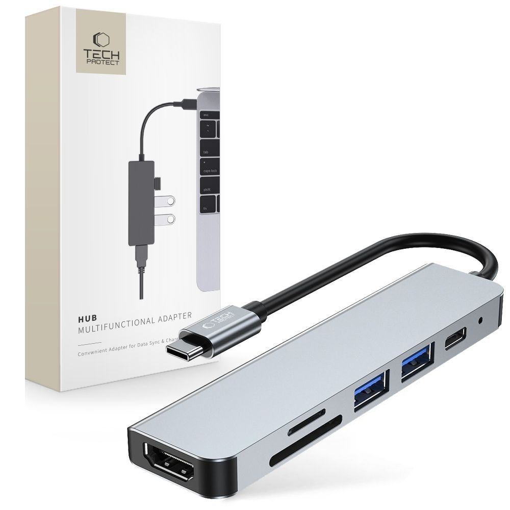 HUB Tech-Protect V4 6in1 USB-C/USB-A 3.0/2.0/HDMI/micro SD/TF/SD-card reader - gray