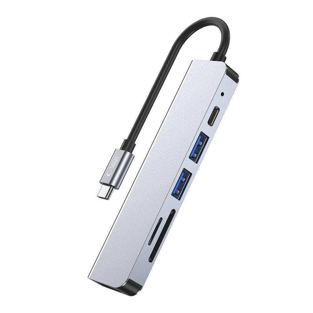HUB Tech-Protect V4 6in1 USB-C/USB-A 3.0/2.0/HDMI/micro SD/TF/SD-card reader - gray