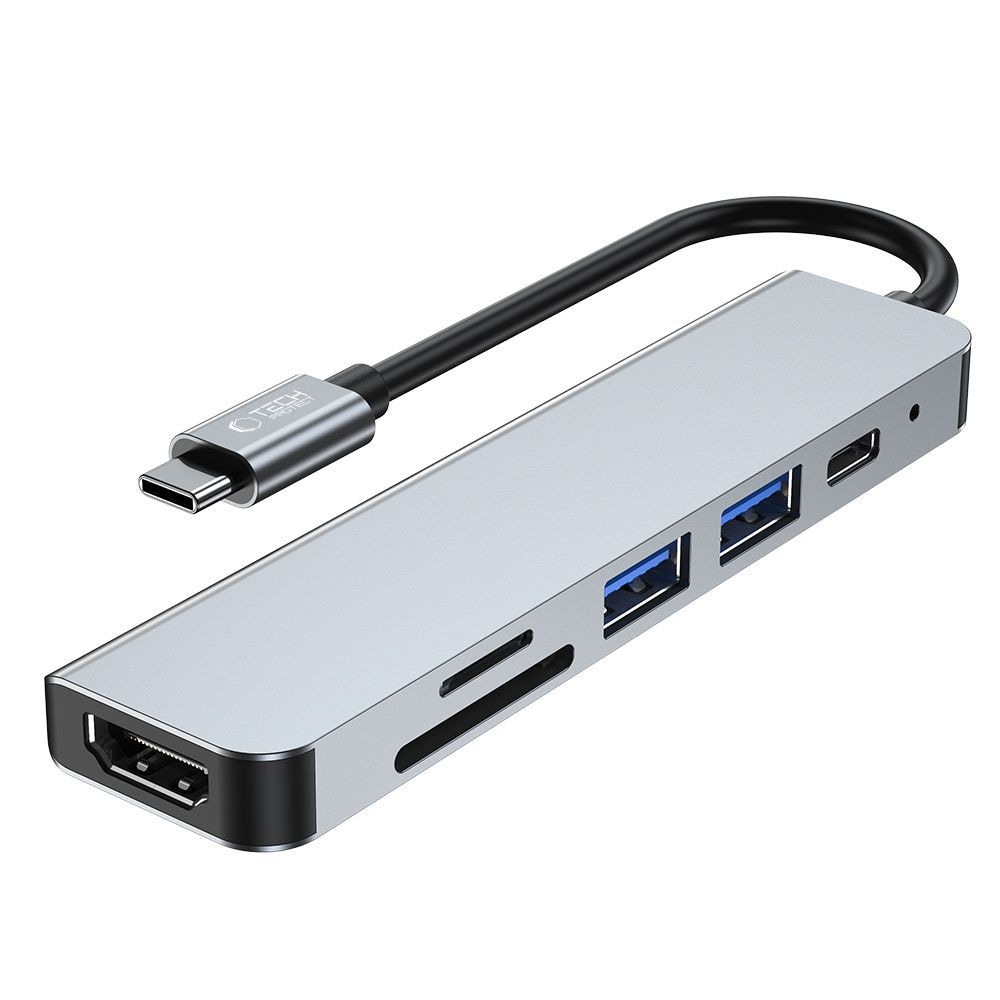 HUB Tech-Protect V4 6in1 USB-C/USB-A 3.0/2.0/HDMI/micro SD/TF/SD-card reader - gray