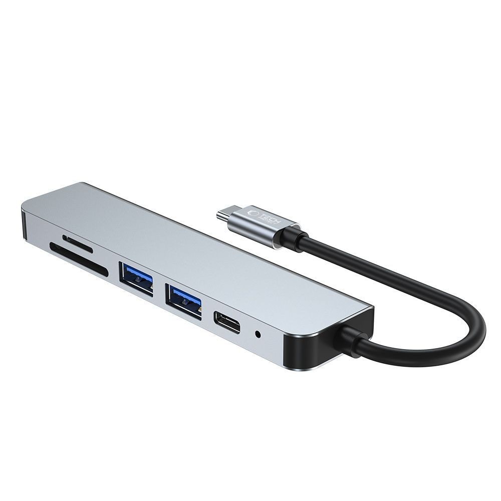 HUB Tech-Protect V4 6in1 USB-C/USB-A 3.0/2.0/HDMI/micro SD/TF/SD-card reader - gray