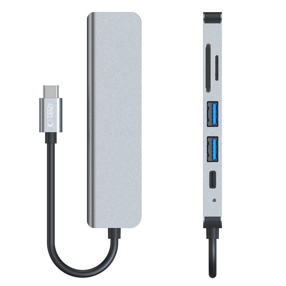 HUB Tech-Protect V4 6in1 USB-C/USB-A 3.0/2.0/HDMI/micro SD/TF/SD-card reader - gray