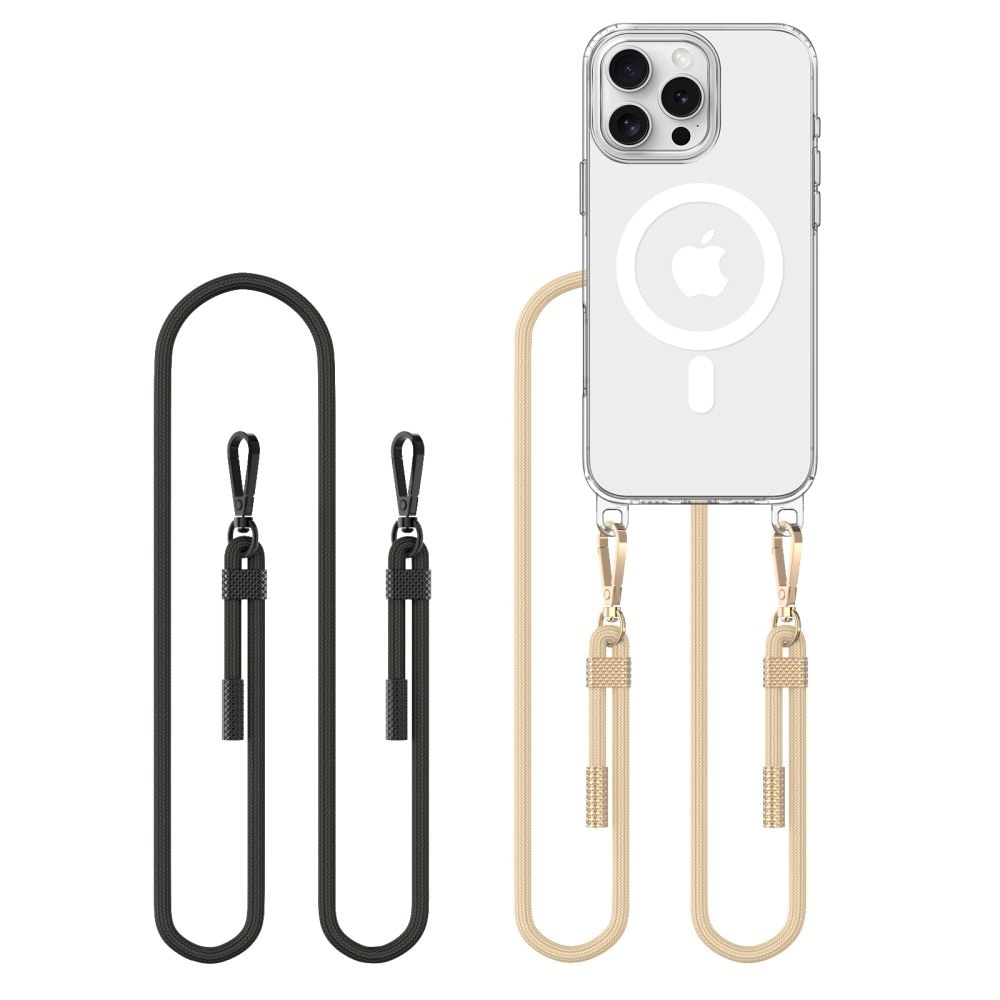 Tech-Protect FlexAir Chain MagSafe-etui til iPhone 16 Pro Max - Klar + 2 nøglesnore (sort og taupe)