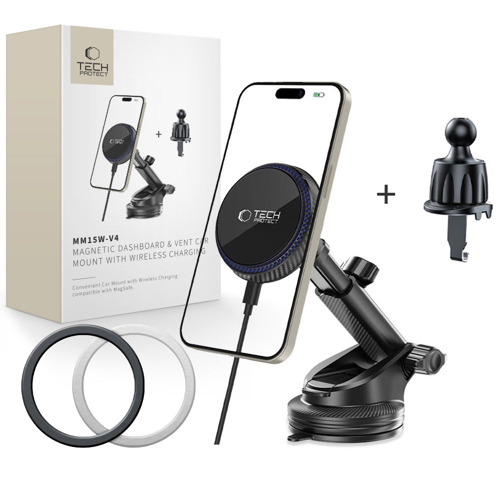 Tech-Protect MM15W-V4 Magnetisk MagSafe 15W bilholder til cockpit / forrude / udluftning - sort
