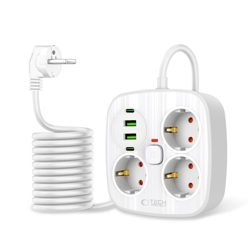 Tech-Protect PCS3X4 strømskinne, 3 udtag, 2xUSB-A, 2xUSB-C 200 cm - hvid