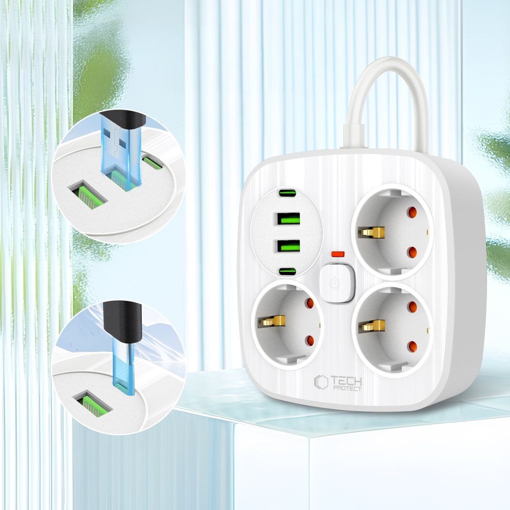 Tech-Protect PCS3X4 strømskinne, 3 udtag, 2xUSB-A, 2xUSB-C 200 cm - hvid