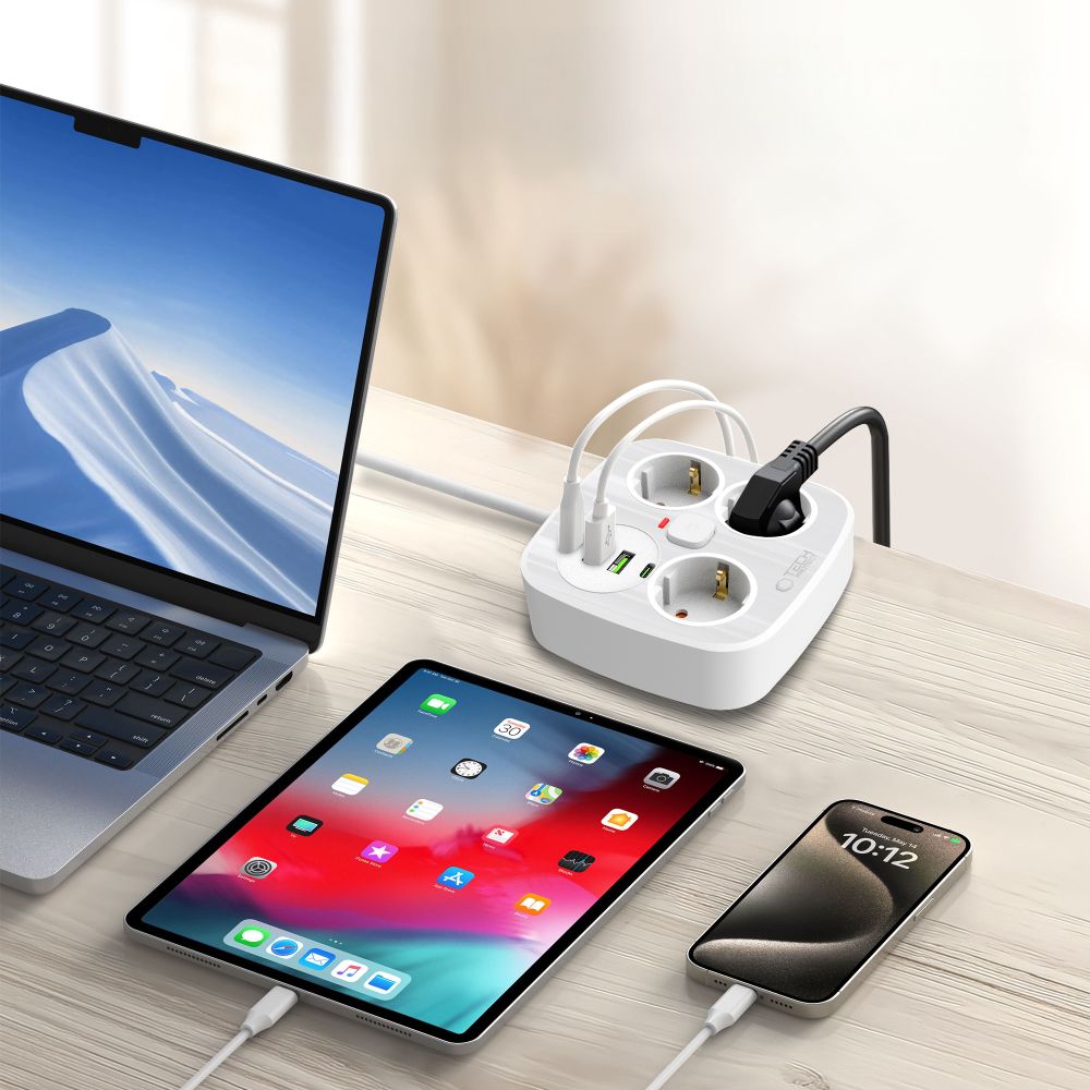 Tech-Protect PCS3X4 strømskinne, 3 udtag, 2xUSB-A, 2xUSB-C 200 cm - hvid