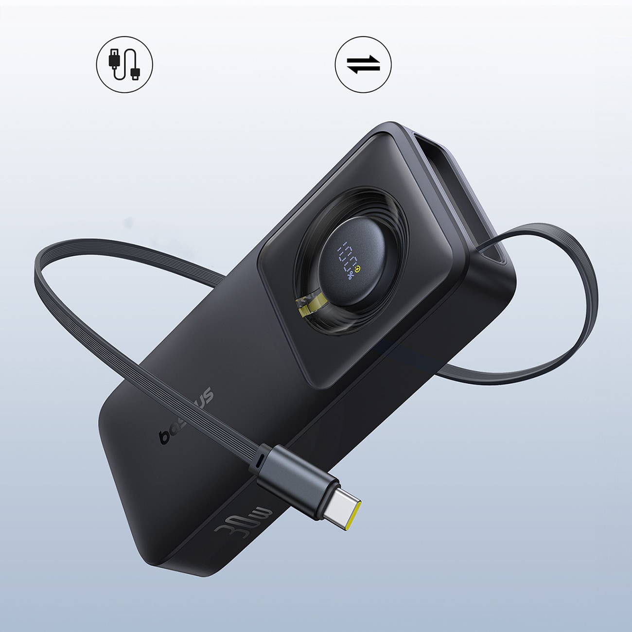 Baseus Free2Pull 10000mAh 30W powerbank med USB-C-port og udtrækkeligt USB-C-kabel - sort