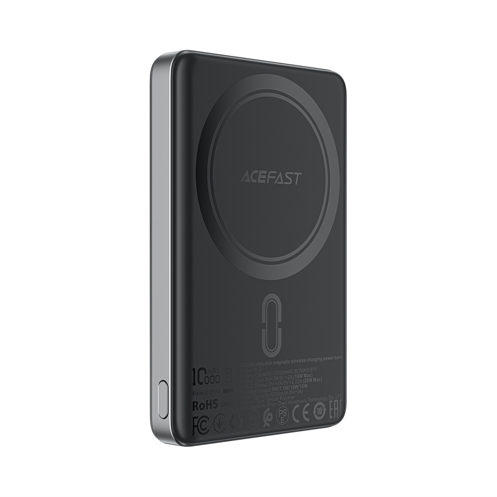 Powerbank Acefast M12-10000 PD20W ultra-slank, MagSafe-kompatibel - sort