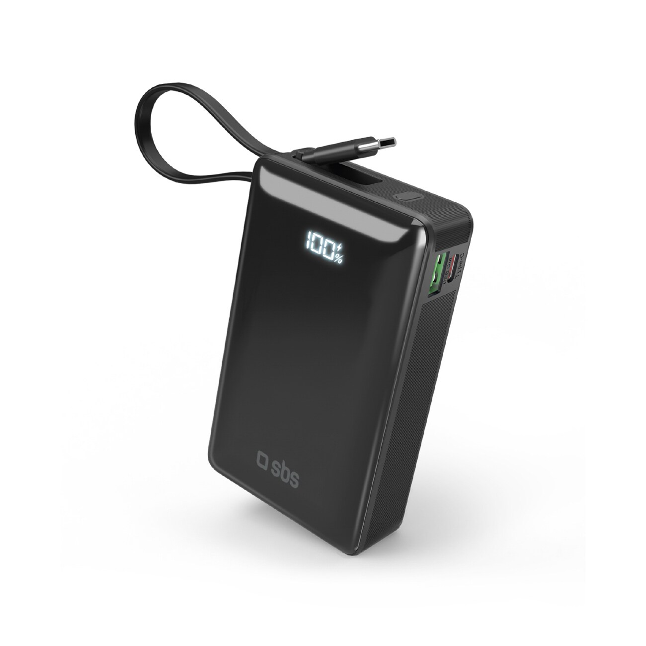 Powerbank SBS 20000 mAh 20W med indbygget USB-C-kabel og digitalt display - sort