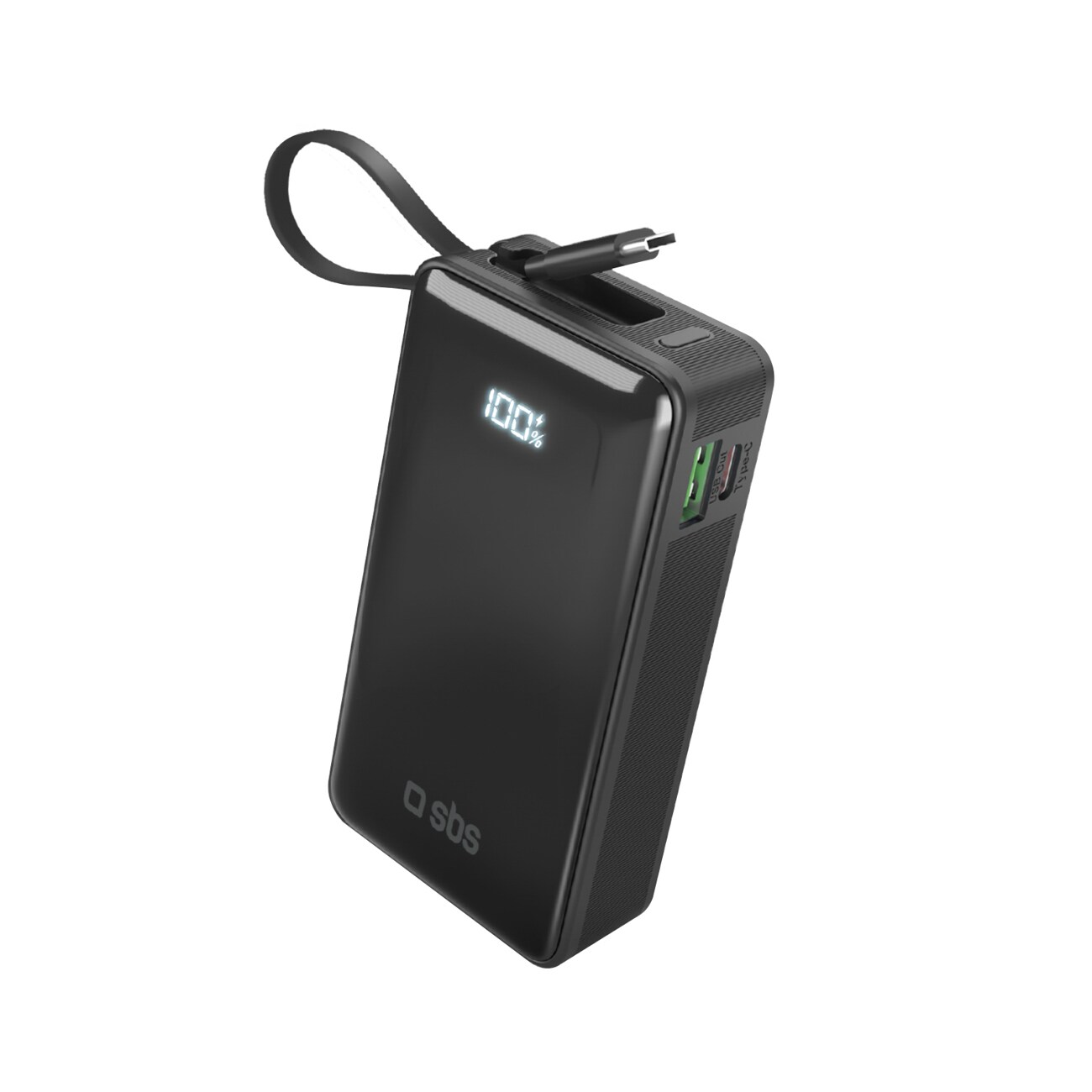 Powerbank SBS 10000 mAh 20W med indbygget USB-C-kabel og digitalt display - sort