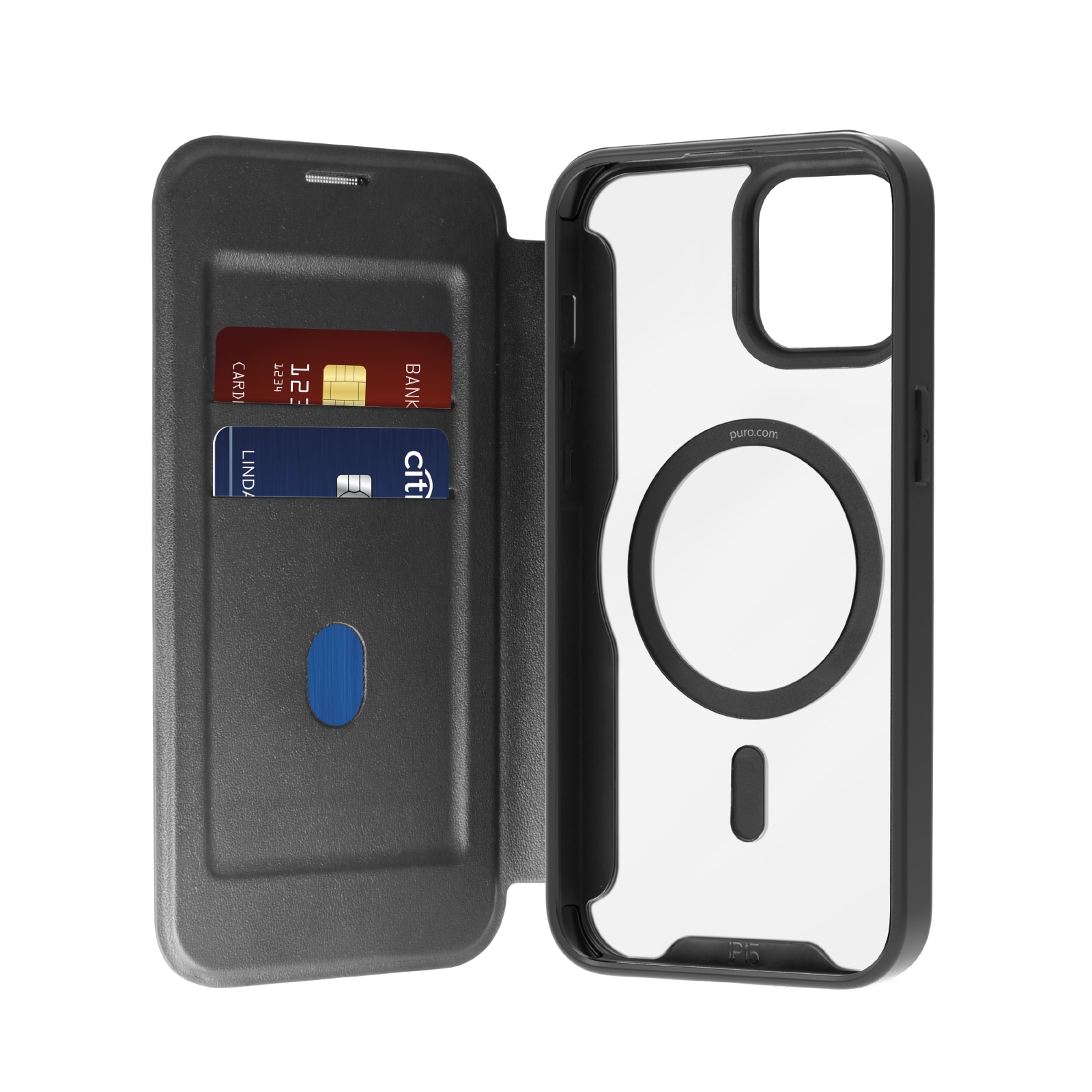 Puro Book Mag MagSafe læderetui med klap og kortplads til iPhone 16 Plus - Sort