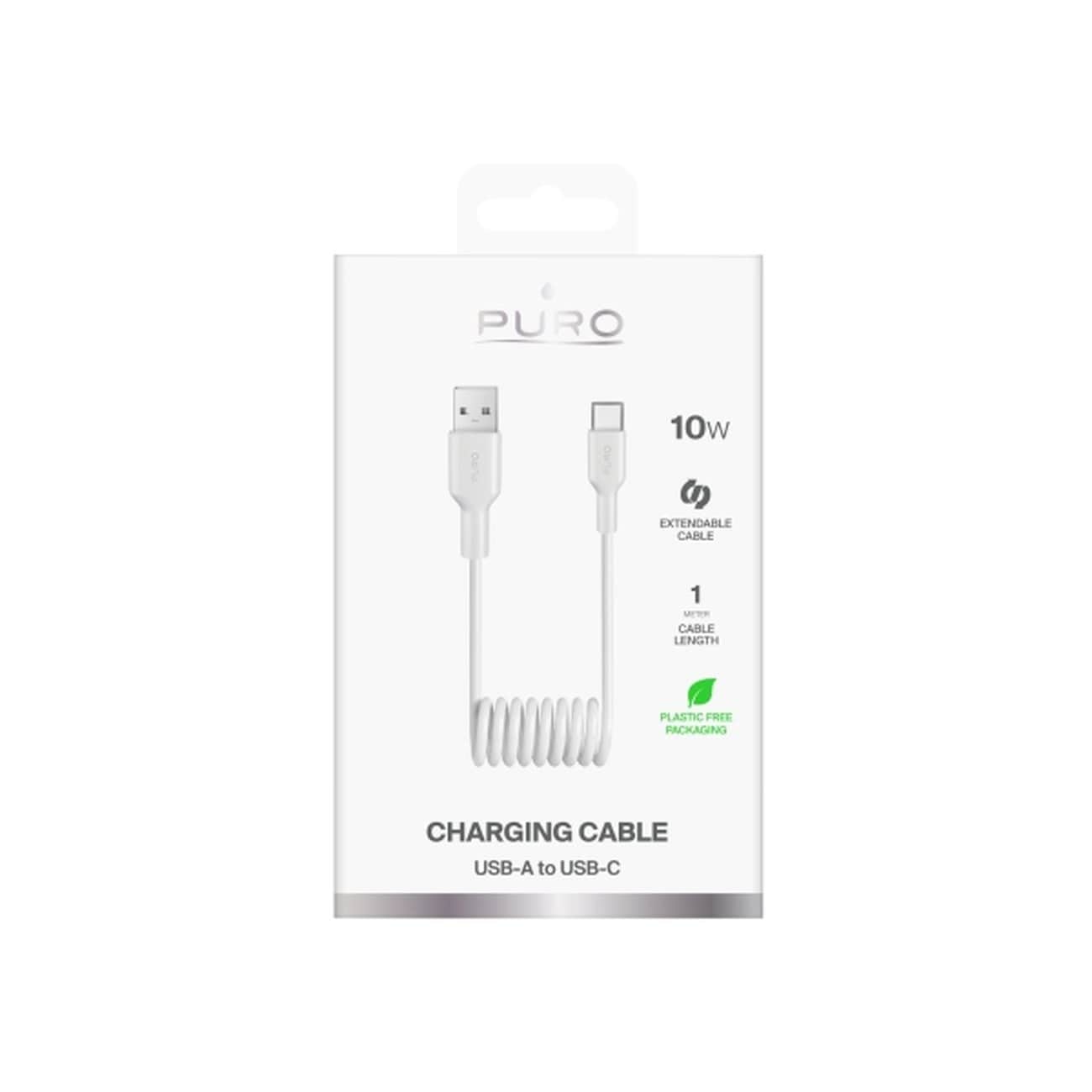 Puro 10W USB-A - USB-C Spiralkabel 1m - Hvid