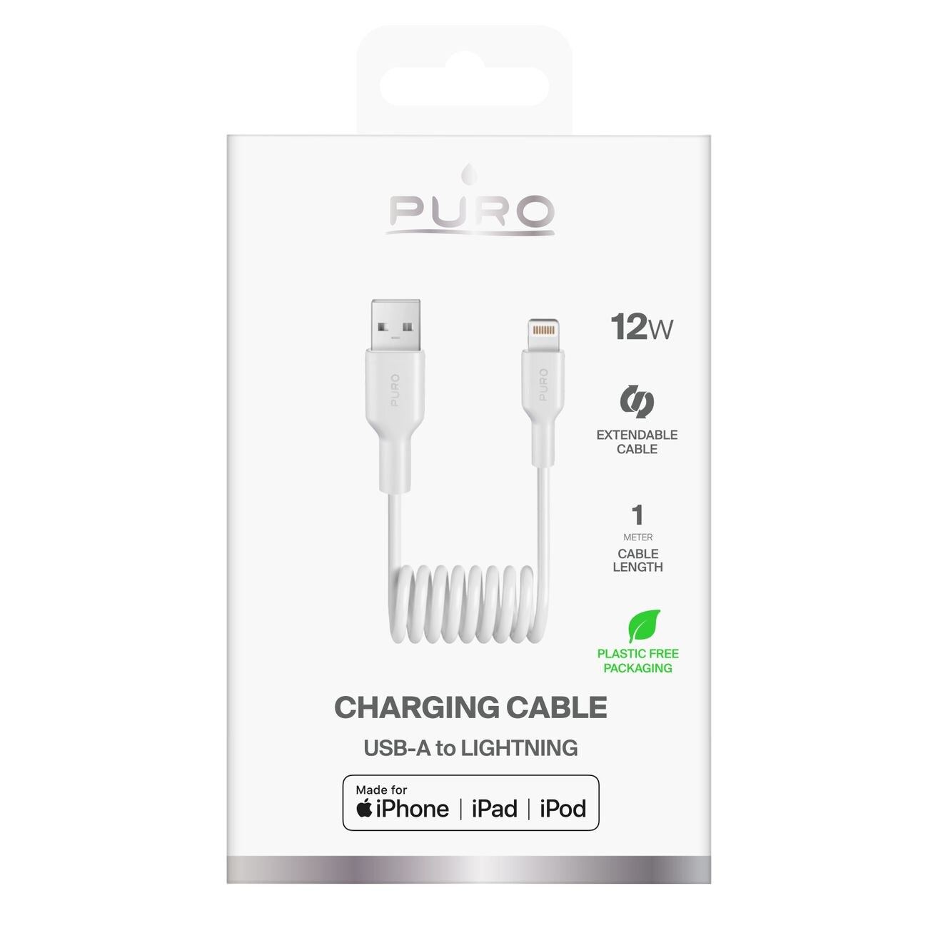 Puro 12W USB-A - Lightning Spiralkabel 1m - Hvid