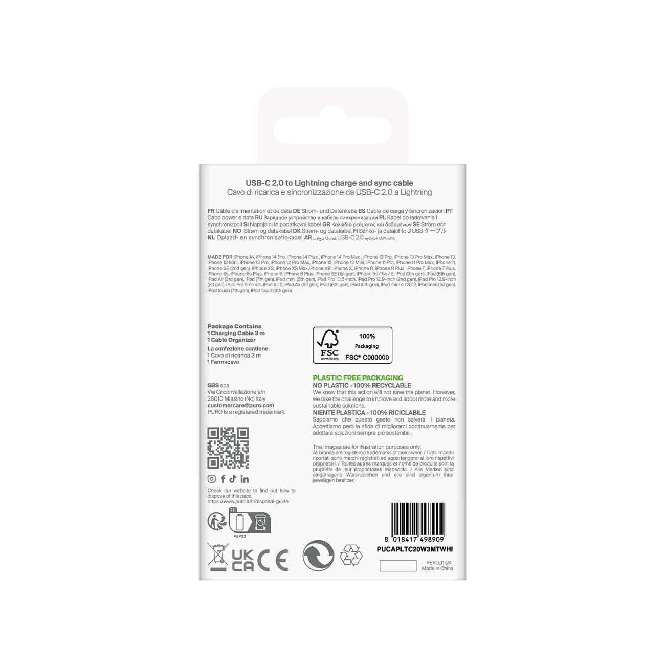 Puro TPE 20W USB-C - Lightning-kabel 3m - Hvid