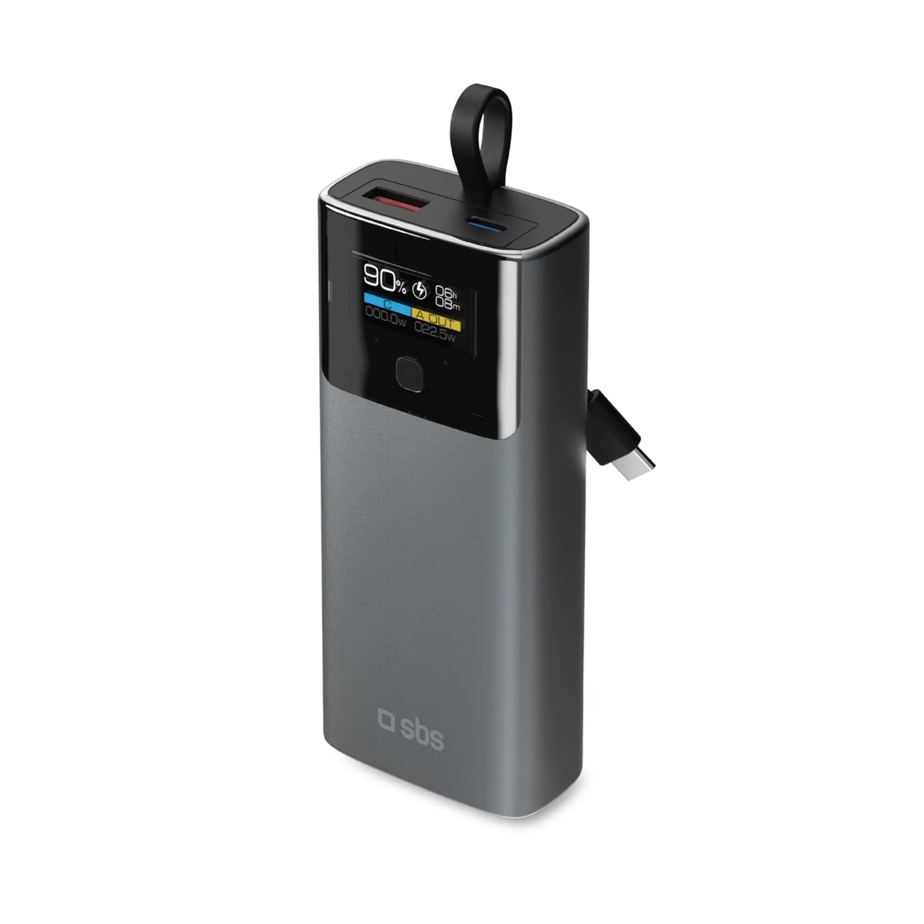 SBS 10000mAh PD 20W Powerbank med LCD-skærm og indbygget USB-C-kabel - Grå