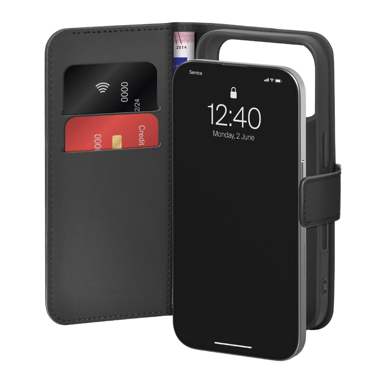Puro Wallet Stand Case til iPhone 17 Pro, øko-læder, klap, tegnebog, stander - Sort