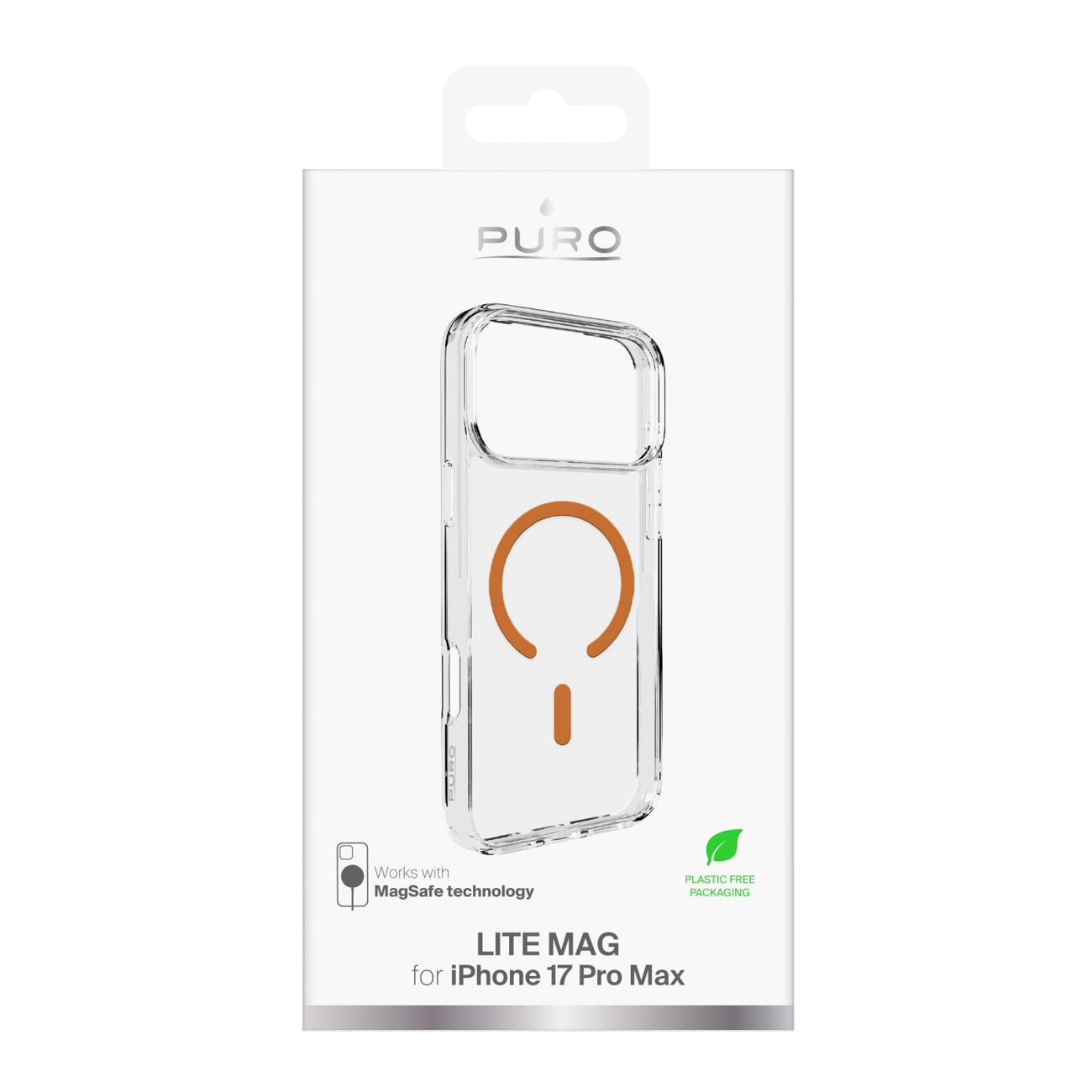 Puro Lite Mag TPU+PC-etui til iPhone 17 Pro Max - transparent m. orange ring, MagSafe-kompatibel